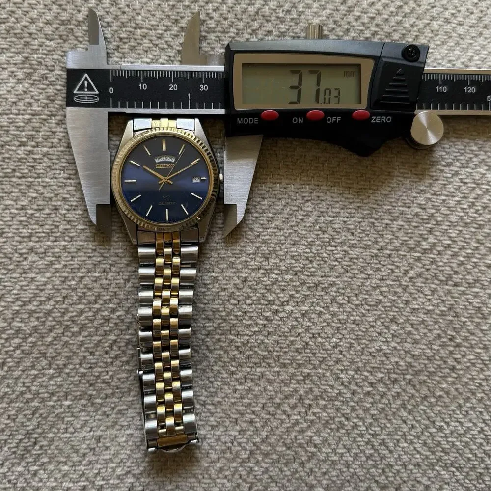 Vintage Seiko SQ President Fluted Bezel Watch 36mm Blue Dial Two Tone Daydate